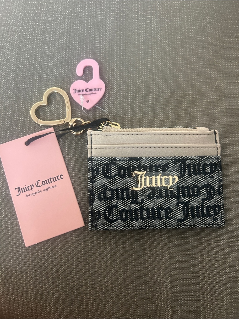 Juicy Couture Black Logo Card Holder with Cream Trim and Gold Hardware